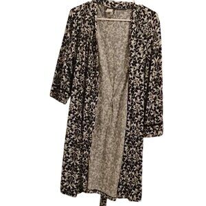 Linea Donatella Size L Black and White Floral Open Robe Cardigan Duster With Tie